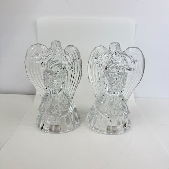 Vintage Leaded Crystal Angel Candleholders Glass Figurine Set Of 2 Holiday Decor - Picture 4 of 16